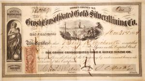 Holabird's December Dreams auction, online and live in Reno, Nevada, will feature over 1,900 lots of Americana and more 1 Certificate for the Grosh Consolidated Gold & Silver Mining Co. (Virginia City, Nev.), for one share, issued on Dec. 31, 1864 (estimate: $1,200-$2,000).