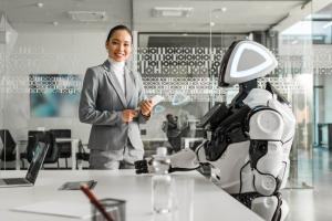 ai robot collaborating with female leader