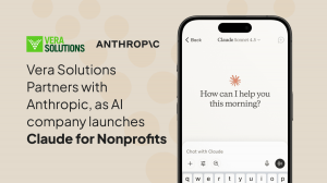Graphic showing the Vera Solutions and Anthropic logos alongside a smartphone screen displaying the Claude interface, with text announcing the launch of “Claude for Nonprofits.”