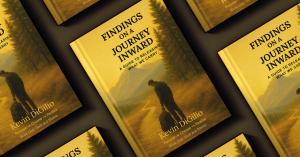 Repeating angled display of the book cover for Findings on a Journey Inward by Kevin DiGilio, showing a solitary figure walking along a forest path carrying a bag, set in warm golden tones with the subtitle “A Guide to Releasing What We Carry.”