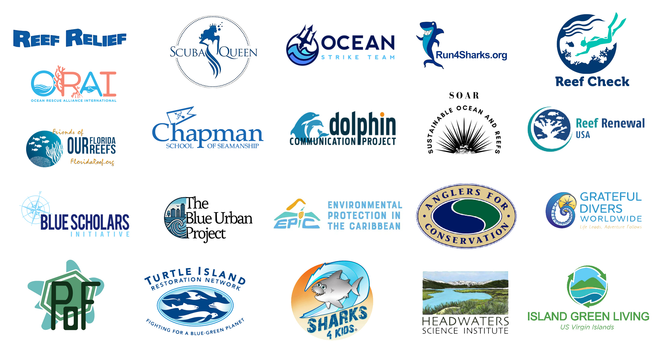 The logos of the non profits participating in Stream2Sea's give-back program.