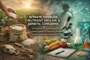 Split-scene image showing industrial farming with nitrate fertilizers, depleted soil nutrients, reduced food quality, and the effects on human and animal health, representing research on nutrition decline and epigenetic adaptation.