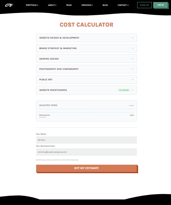 Screenshot of Creative Repute’s website design and development cost calculator showing selectable services and an estimate submission form.