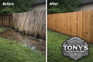 Before and after comparison of a fence damaged by poor yard drainage and replaced by Tony’s Fencing & Iron Works in Southeast Louisiana