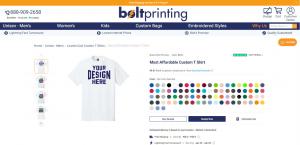 Redesigned Bolt Printing product page displaying color options, pricing access, and streamlined custom apparel ordering