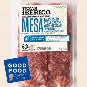 Texas Iberico Mesa Salami retail packaging showing sliced salchichón-style salami with Mexican oregano and a 2026 Good Food Awards finalist badge.