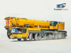 A large yellow all-terrain mobile crane on a light-colored surface with the TrustedCranes logo in the top right corner.