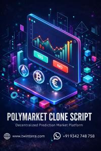 Futuristic digital illustration of a Polymarket clone script platform showing a decentralized prediction market interface with YES and NO trading buttons, financial charts, and cryptocurrency icons like Bitcoin and Ethereum on a neon cyber-themed backgrou