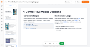 TutorFlow editor displaying an AI-generated slide on Python control flow with code examples.