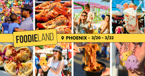 Crowds enjoying FoodieLand Phoenix at AZ State Fairgrounds with food vendors, live performances, and festival attractions during a multi-cultural outdoor food festival.
