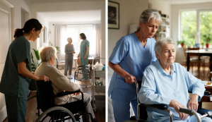 Side-by-side photographs showing two professional caregivers in scrubs supporting elderly individuals using wheelchairs inside residential homes. Left image: caregiver in green scrubs with hand on elderly woman’s shoulder; right image: caregiver in blue s