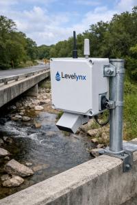 Levelynx radar-based flood monitoring system installed above a creek crossing in Central Texas.