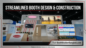Professional trade show promotion image featuring large-scale two-story LALLEMAND exhibition booth with red branding, modern architectural design, internal staircase, multiple LED display screens, and professional lighting - demonstrating BoothBuilderBang