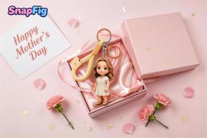 A custom 3D keychain personalized from a family photo by SnapFig, presented as a unique and exclusive Mother's Day gift.