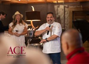 Chef Serge Krikorian of Vibrant Occasions Catering welcomes guests during the FUSION360° culinary experience held August 28, 2025, at Rusty Tractor Vineyards in Little Rock. Photo credit: Lori Sparkman Photography.