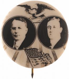 Cox & Roosevelt 1920 Democratic campaign jugate button, the most beautiful of all Cox/FDR varieties and the most coveted campaign button to be found, 1-7/8-inches diameter. Estimate: $25,000-$35,000