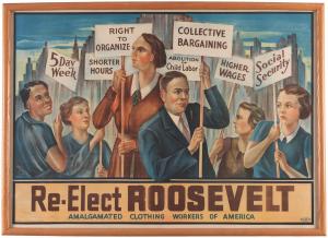 FDR “Re-Elect Roosevelt” 1936 campaign poster, a phenomenal example of Depression-era art that evokes the masterful WPA murals of that period, 24 inches by 34 inches. Estimate: $10,000-$20,000