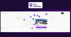 Map showing a property video tour popup card on TheReelMap real estate discovery platform.