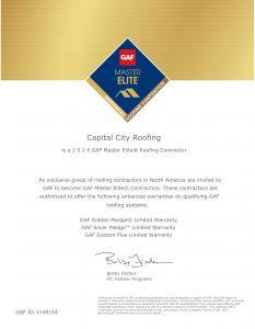 Capital City Roofing is a GAF Master Elite Roofing Contractor, a designation held by a small percentage of roofing companies in North America. This certification reflects advanced training, professional installation standards, and the ability to offer enh