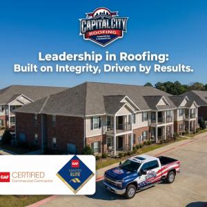 Image of a multi-family apartment complex with a branded truck from Capital City Roofing located in Alpharetta, GA, with the tagline "Leadership in Roofing Built on Integrity." Also showing manufacturer certification badges from GAF for Commercial Certifi
