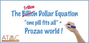 Illustration referencing the idea of a one pill fits all approach to antidepressants such as Prozac, questioning pharmaceutical marketing messages.