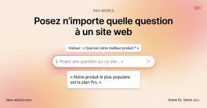 Interface de la Magic AskBar de HEA-World montrant comment un visiteur peut poser une question à un site web et recevoir une réponse instantanée d’un agent IA entraîné sur son contenu.