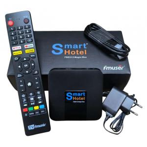 Complete hardware package of the FMUSER FBE013 Magic Box Hotel IPTV Set-Top Box, including the FBE 015 PLUS remote control, HDMI cable, and power adapter