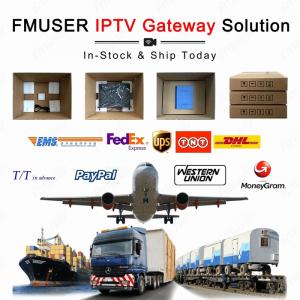 Front and rear panel view of the FMUSER FBE700 All-in-One IPTV Gateway, displaying CE, FCC, and SGS international certifications