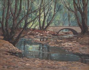 Original oil on canvas by Aldro Thompson Hibbard (American, 1886-1972), titled Fall Landscape with Bridge Over Water. Estimate: $5,000-$8,000