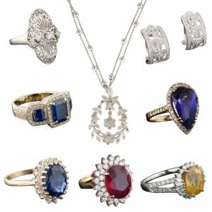 The selection of fine jewelry items includes diamonds, sapphires, rubies, yellow gold, white gold and more. A 14K yellow gold diamond wedding set has a pre-sale estimate of $15,000-$20,000.
