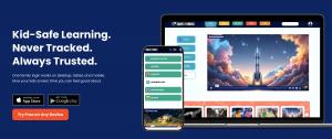   Kid's Portal educational app shown on mobile and desktop with no ads, no tracking, and safe learning content for kids ages 5 to 10.