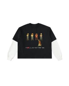 Layered Kommerce Tshirt Inspired by the movie Fight Club showing a yokai version of the statue of liberty walking with his hands crossed behind his back in a authoritative way while several other yokai stand striaght up with thier hands crossed behind the