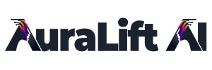 A black text AuraLift Ai written out. The A in Aura and Ai has a face etched into it.