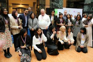Premier Doug Ford and PDSB Director of Education Rashmi Swarup with the Stephen Lewis Secondary School Girls Cricket Team at the Ontario Premier’s Cup School Cricket launch.