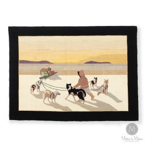 Lot 83 — “Dog Team with Shadows” Grenfell Mat: Newfoundland & Labrador circa 1942 Grenfell hooked mat designed by Stephen Hamilton. Estimate: $4,000–$6,000 CAD.
