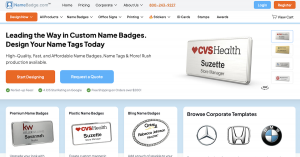NameBadge.com homepage showing custom name badges, free online design tool, 4.9-star Google rating, and product categories including premium, plastic, and bling name badges