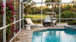 Screened pool area with golf cart, lounge chair, and bougainvillea at a Villages Florida vacation rental