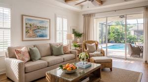 Bright coastal living room with pool view in a furnished Villages Florida rental home