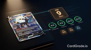 AI grading analysis showing centering measurements and grade predictions on a trading card