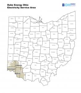 Duke Energy Ohio Electricity Service Area map highlighting coverage zones in tan across southwestern Ohio, including Cincinnati, Lebanon, Batavia, and Hamilton.