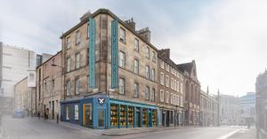 Exterior artist's impression of the proposed Society of Antiquaries of Scotland heritage hub, a sandstone corner building in Edinburgh with teal signage and a public-facing ground floor shopfront.