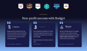 Customer testimonials from nonprofit organizations using Budgyt nonprofit budgeting software for financial planning and grant management.