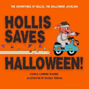Hollis the Javelina rides his mobility scooter, zooming across the page, leaving in his wake clouds of dust and various halloween symbols and candy.