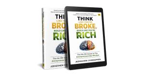 Book and tablet mockup displaying the cover of “Think Like You’re Broke, Build Like You’re Rich: The No BS-Guide to the Entrepreneurship Mindset” by Jeekeshen Chinnappen, featuring bold gold and green title text and a half-gear, half-brain illustration on