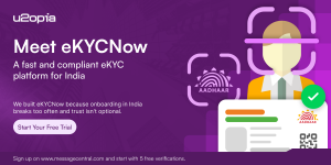 Promotional graphic introducing eKYCNow, a digital identity verification platform for India, showing Aadhaar-based eKYC verification, facial recognition scanning, and a verified ID interface representing secure and compliant customer onboarding.
