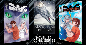 Dragonera novel and comic book covers displayed together showing the adaptation of the story into a comic series through Concept to Comic.