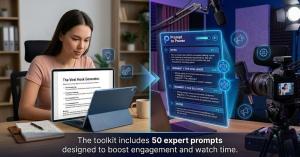 Expert AI Prompts YouTube toolkit displayed on tablet with camera gear.
