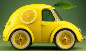 A small yellow car is designed to look like a lemon, featuring a lemon-textured body, a sliced lemon graphic on the door, and a green leaf attached to the roof against a green background. All meant to represent lemon law