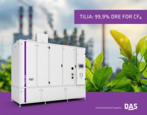 Industrial gas abatement unit with a sleek white and purple design is shown in front of a blurred background of a factory with chimneys, accompanied by vibrant green leaves and the text 