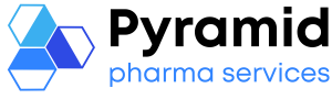 This is Pyramid Pharma Services logo, in shades of blue with their iconic hexagon shapes and a transparent background.